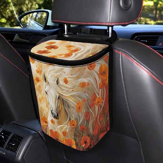 Talayituse Horse Floral Print Car Trash Can with Lid, Leak Proof Auto Trash Bag Hanging Vehicle Garbage Can Multipurpose Storage Container for Back Seat Road Trip