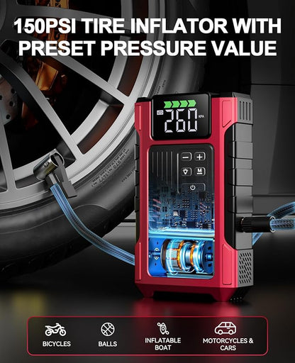 4500A Car Jump Starter with Air Compressor, Portable Battery Charger Jumpstart 12V Vehicle, Power Pack with 150PSI Tire Inflator for 9.0L Gas/7.5L Diesel Engines Jump Box with Light and Jumper Cable