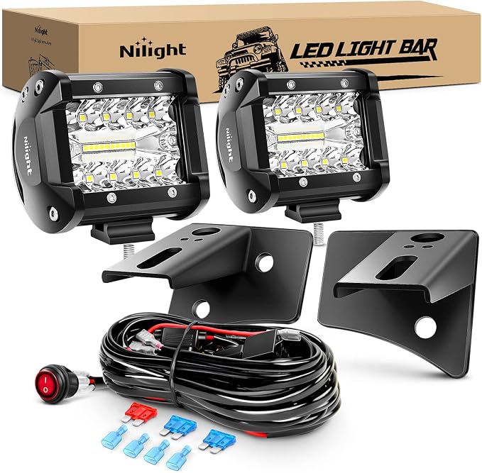 Nilight 2Pcs 4Inch LED Pods Bar Triple Row 60W Flood Spot Combo 6000LM Driving Off Road with 2007-2017 Wrangler JK/JKU 2DR 4DR A-Pillar Windshield Hinge Mounting Brackets Wiring Harness Kit