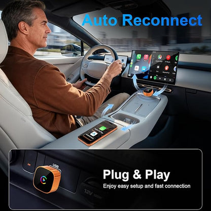 2-in-1 Wireless CarPlay for iPhone & Android Auto, Converts Wired to Wireless CarPlay, 2026 Upgrade, Faster & Stable Connection, Plug & Play, 1080P HD Display,Mini Size, Orange，USB-A & Type-C Port