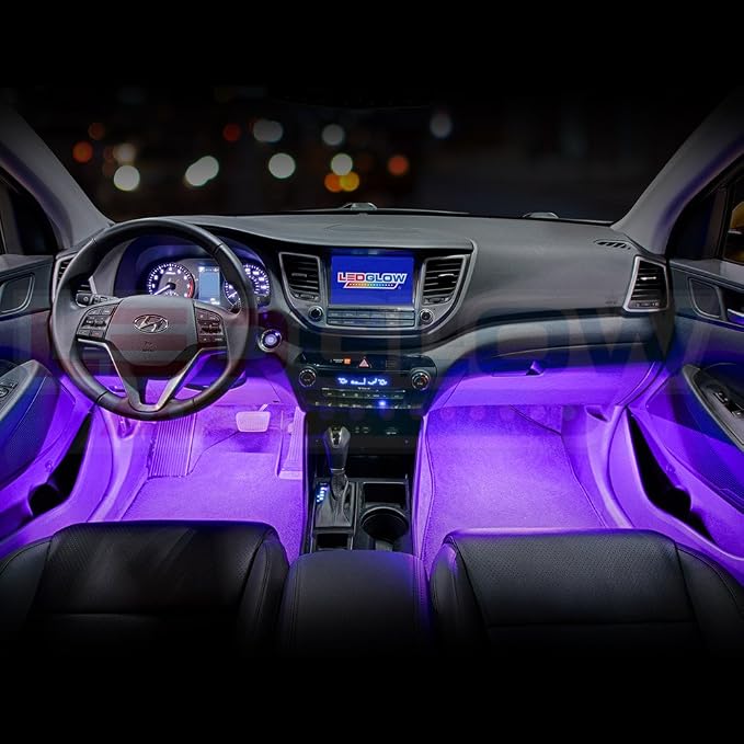LEDGlow 4pc Purple LED Interior Footwell Underdash Neon Lighting Kit for Cars & Trucks - 7 Unique Patterns - Music Mode - 8 Brightness Levels - Auto Illumination - Includes Cigarette Power Adapter