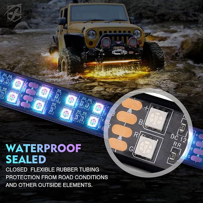 Xprite Double Row RGB LED Car Underglow Bluetooth Lights Strip, 4 PCS Underbody Neon Cars Exterior Glow Light Kit w/APP Control & Wireless Remote, Universal for Vehicles SUV Trucks Pickups Vans