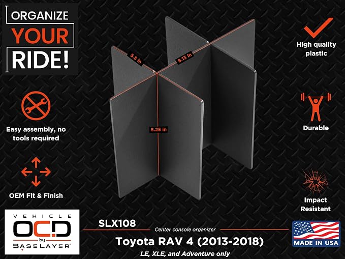 Vehicle OCD - Center Console Organizer for Toyota RAV4 (LE, XLE, Adventure ONLY) (2013-2018) - Made in USA - SLX108