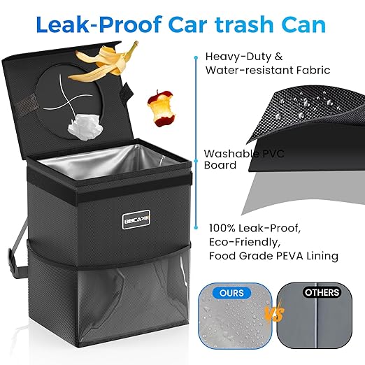 Beicarin Car Trash Can with Lid - Trash Bag Hanging with Storage Pockets Leak-Proof Organizer Collapsible and Portable Waterproof Garbage Bin, 2.2 Gallons Multipurpose Trash Bin for Car