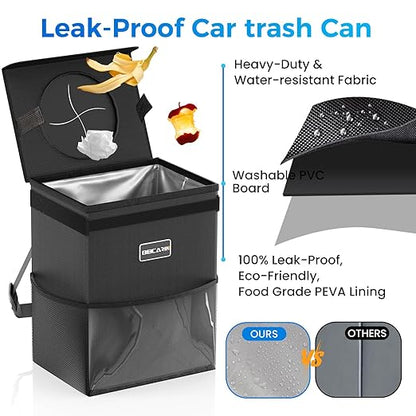 Beicarin Car Trash Can with Lid - Trash Bag Hanging with Storage Pockets Leak-Proof Organizer Collapsible and Portable Waterproof Garbage Bin, 2.2 Gallons Multipurpose Trash Bin for Car