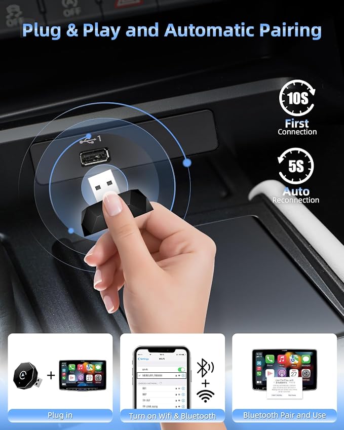 Wireless CarPlay Adapter for iPhone,Mini USB Design,2026 Upgrade with Built-in Wired for Apple CarPlay Plug and Play Fast Stable Connection Car Play for iPhone & Android (ZS01)