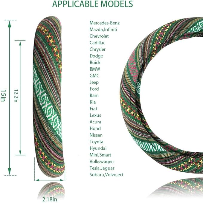 Universal 15inch Ethnic Style Baja Blanket Steering Wheel Cover with Coarse Flax Cloth and Sweat Absorption Anti Slip Car Wrap (Boho Green)