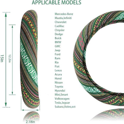Universal 15inch Ethnic Style Baja Blanket Steering Wheel Cover with Coarse Flax Cloth and Sweat Absorption Anti Slip Car Wrap (Boho Green)