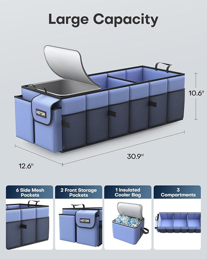 HOTOR Trunk Organizer, Sturdy Foldable with Cooler for Car & SUV, 3 Compartments, Blue, 30.90”×12.60”×10.63”