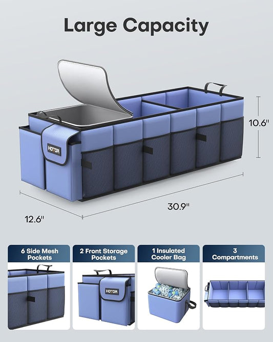 HOTOR Trunk Organizer, Sturdy Foldable with Cooler for Car & SUV, 3 Compartments, Blue, 30.90”×12.60”×10.63”