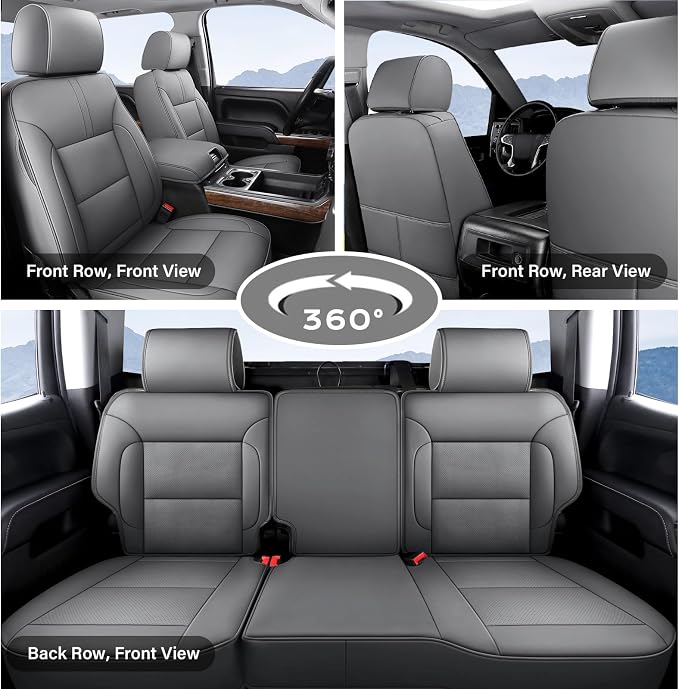 Coverado Chevy Silverado Seat Covers Full Set, Faux Leather Car Seat Covers Fit for 2014-2018 1500, 2015-2019 2500HD 3500HD Chevy Silverado GMC Sierra Crew Double Extended Cab (Gray)