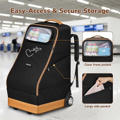 YOREPEK Foldable Car Seat Travel Bag with Wheels, Rolling Gate Check Carseat Bags for Air Travel, Padded Car Seat Carrier For Airport, Clear Pocket for Baby Travel Essentials