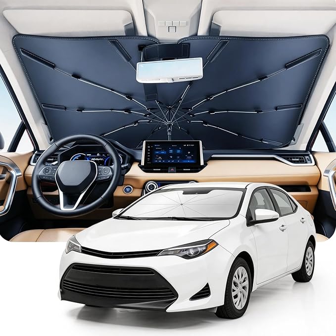 DMJN Umbrella Windshield Sun Shade for Toyota Corolla (2003-2026), Car Sunshade for Front Windshield [Nano Ice-Crystal Coatings] UPF50+ Heat & UV Block, Protect Interior & Keep Cooler