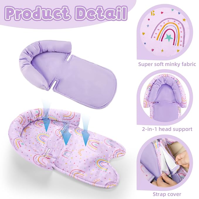 Infant Car Seat Insert with 2 Strap Pads, Carseat Cushion Baby Boy & Girl, Soft and Comfortable Carseat Head Support for Newborn, Purple Rainbow