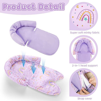 Infant Car Seat Insert with 2 Strap Pads, Carseat Cushion Baby Boy & Girl, Soft and Comfortable Carseat Head Support for Newborn, Purple Rainbow