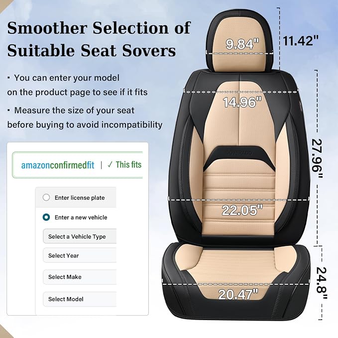 Coverado Car Seat Covers Full Set, Seat Covers for Cars, Automotive Seat Covers, Waterproof Nappa Leather Front Seats and Back Car Seat Protector, Universal Fit for Most Cars SUV Trucks,Black&Beige