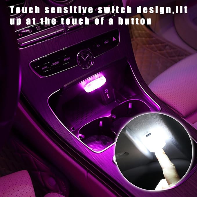 KVAEY 4 PCS Car LED Lights Interior Wireless, 7 Colors Magnetic Auto Ambient Light with 6 Bright LED Lamp Beads, Portable USB Rechargeable Vehicle Interior Led Night Light (Pink, Sticky, 2pcs)