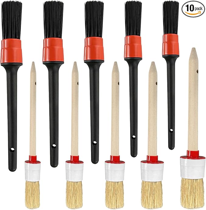 10PCS Car Detailing Brush Set, Auto Detail Dust Brushes with Premium Boar Hair & PP Bristles, Interior Exterior Cleaning Tool Mixed Hair Brush Kit for Air Vents, Seats, Wheels