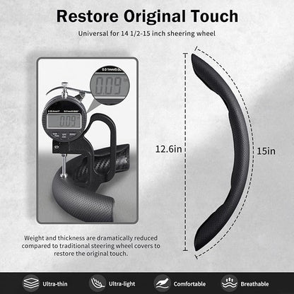 Nappa Leather Car Steering Wheel Cover for Men Women, Ultra-Thin Non-Slip Breathable Microfibre, Universal for 14.5"-15" Steering Wheel - Black