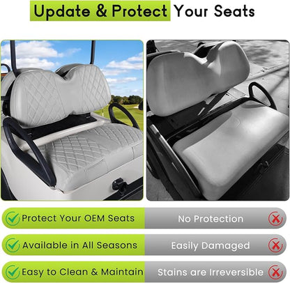 Full Set Golf Cart Seat Covers for Club Car Tempo OEM, Grey | Front & Rear Set (2-Piece), Premium Vinyl Leather Replacement Standard Cushion Covers, No Tools Needed & Easy to Clean