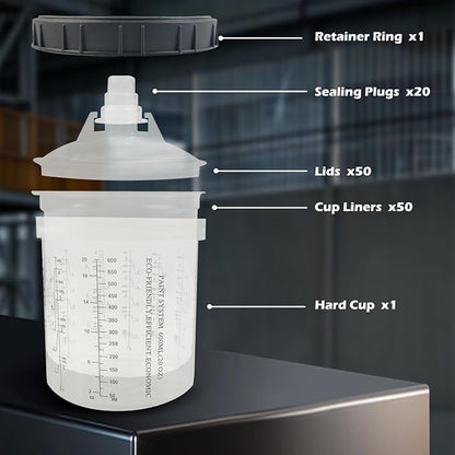 ENDOZER Disposable Paint Cup 50 Pack 20 Ounce(600ML) Mixing Cups for Automotive Spray Gun with 50 Liners and Lids System, 1 Hard Cup with Retainer Ring, 20 Plugs, 2 Adapters for Paint Gun