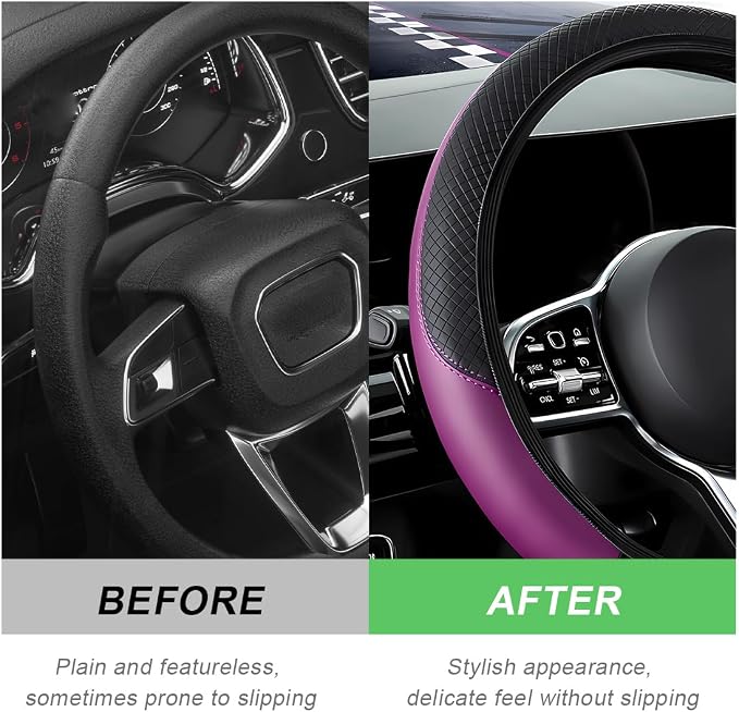 DXNQ Car Steering Wheel Cover, 15 Inch Carbon Fiber Leather Stitching Color Steering Wheel Protector, Anti-Slip Elastic Breathable Steering Wheel Cover Stylish Decor for Most Cars (Black&Purple, AD)