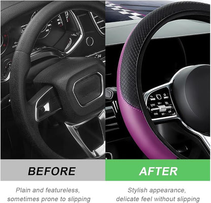 DXNQ Car Steering Wheel Cover, 15 Inch Carbon Fiber Leather Stitching Color Steering Wheel Protector, Anti-Slip Elastic Breathable Steering Wheel Cover Stylish Decor for Most Cars (Black&Purple, AD)