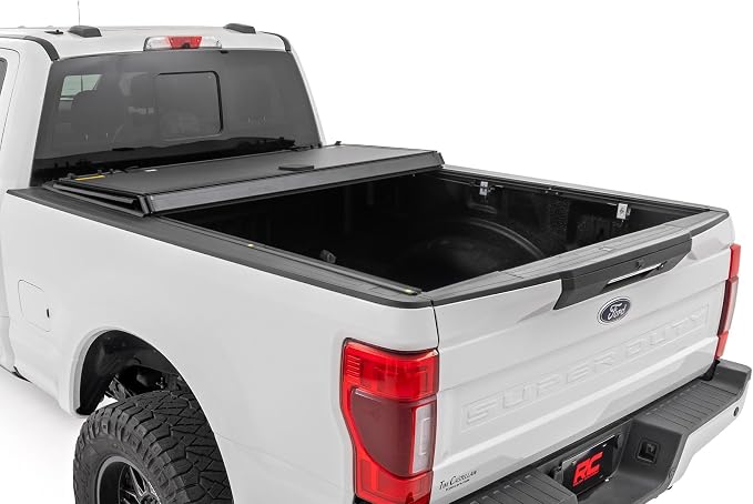 Rough Country Hard Tri-Fold Truck Bed Tonneau Cover for Ford F-250 & F-350 Super Duty (2017-2026) - Aluminum Flip-Up Bed Cover, Fits 6'10 (81.9") Bed