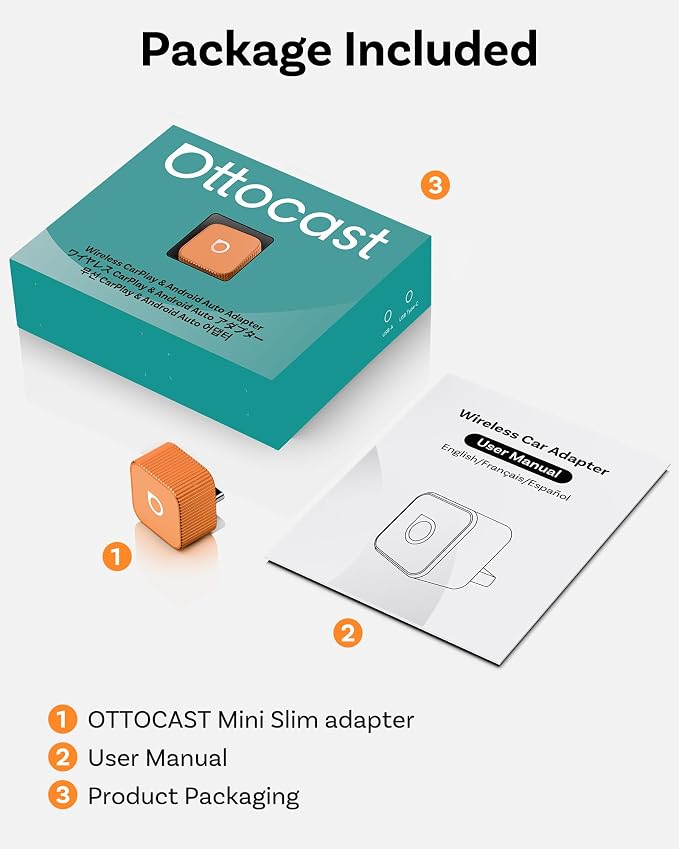 OTTOCAST Mini Cube 3.0 Wireless Carplay Adapter for Apple iPhone, 2-in-1 Car Play Android Auto Adapter, Convert Wired CarPlay to Wireless, Low Latency (Orange, USB C)