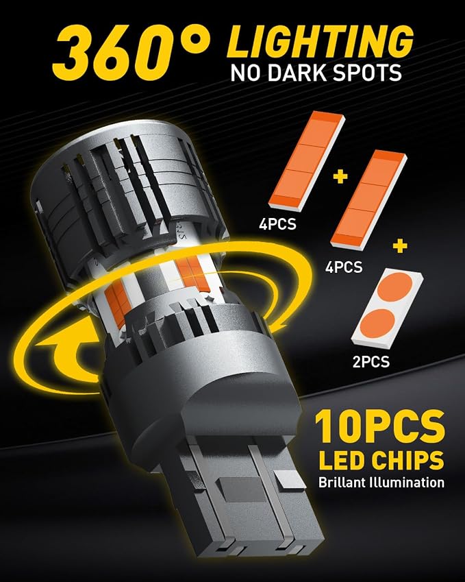 AUXITO 2025 Latest CANBUS 7440 7443 LED Bulbs Amber Yellow with Built-in Resistor Anti Hyper Flash 7440NA 7441 7444 7444NA W21W WY21W Error Free LED Front Rear Turn Signal Lights, Pack of 2