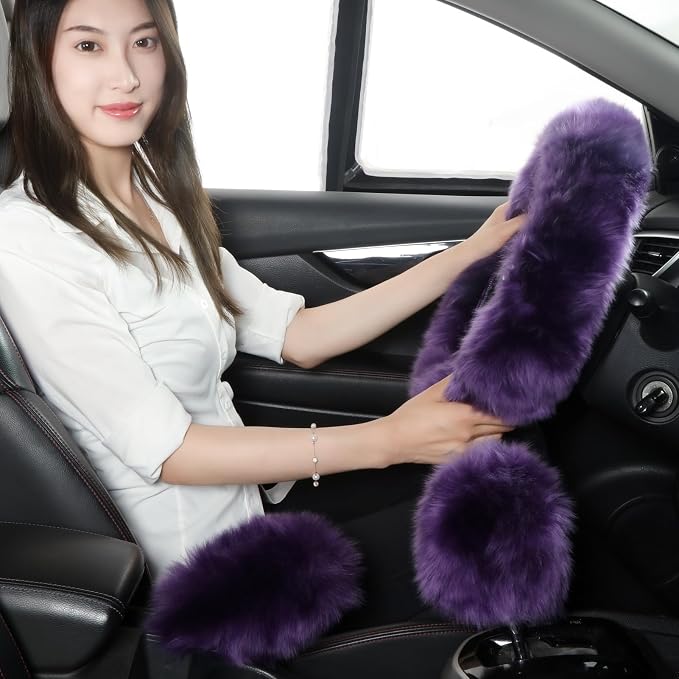 Fuzzy Genuine Sheepskin Steering Wheel Cover Set for Women Parents-Fluffy Soft Australian Merino Wool Wrap with Gear Shift and Hand Brake Covers, Cozy Stylish Luxury Car Accessories (Dark Purple)