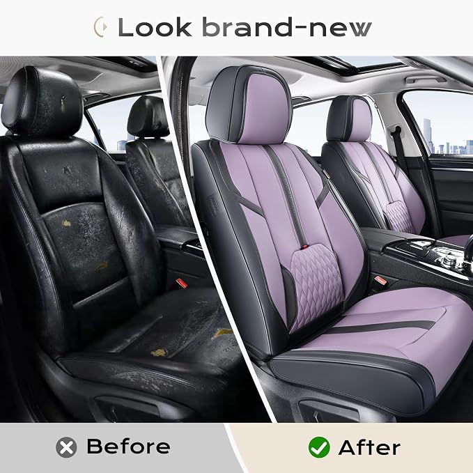 Coverado Seat Covers for Front and Back Seat, 5 Seat Car Seat Covers Waterproof, Leather Seat Covers for Cars with Lumbar Support, Car Seat Protectors Universal Fit for Most Vehicles (Black&Purple)