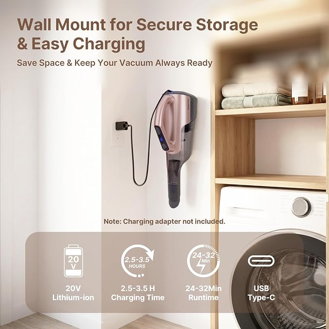 Shop-Vac S3 20V Handheld Vacuum Cordless, Dual-Speed Powerful Portable Car Vacuum Rechargeable, Wall-Mounted Lightweight Hand Vacuum for Home & Car, LED Light, HEPA Filter, Champagne Gold