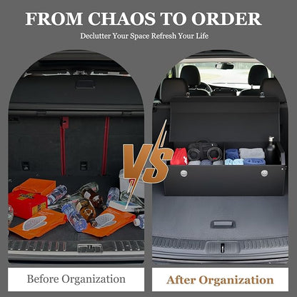 Car Trunk Organizer, Leather Car Trunk Storage Organizer with Lid and Sturdy Handle Car Organizer Storage Box Suv Trunk Organizer (Black, 32.3 x 11.4 x 12.2in)