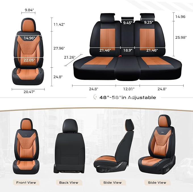 Coverado Car Seat Covers Full Set, Front Seat Covers with Lumbar Support and Back Seat Cover Waterproof Leather Automotive Seat Cover, Universal Car Interior Protectors Cushion for Most Cars