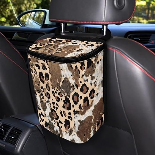 Talayituse Brown Leopard Cow Print Car Trash Can with Lid, Leak Proof Auto Trash Bag Hanging Vehicle Garbage Can Multipurpose Storage Container for Back Seat Road Trip