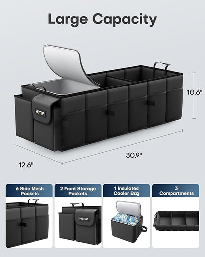 HOTOR Trunk Organizer, Sturdy Foldable with Cooler for Car & SUV, 3 Compartments, Black, 30.90”×12.60”×10.63”