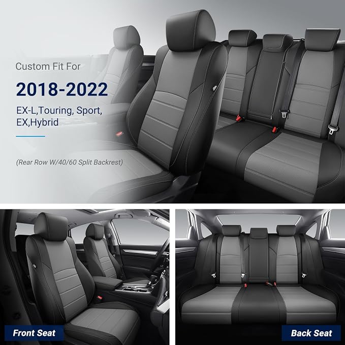 Custom for Honda Accord Seat Covers 2018 2019 2020 2021 2022 EX-L, Touring, Sport, EX, Hybrid, Faux Leather Car Seats Cover Full Set (Rear Row W/40/60 Split Backrest) - Black Grey
