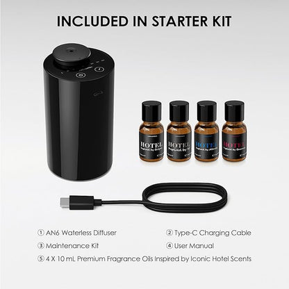 Airversa Waterless Essential Oil Diffuser Starter Kit with 4 x 10mL Hotel Scent Fragrance Oil, Battery Operated Mini Scent Air Machine Portable Diffuser for Home Car Office, AN6Kit-04 Black