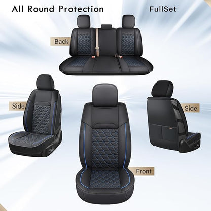 Coverado Car Seat Covers Full Set, Leather RAM 1500 Seat Covers Protectors Compatible with 2002-2026 Dodge RAM 1500 2500 3500 Crew Double Mega Quad Cab with Flat Bench, Black&Blue line