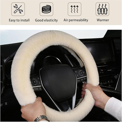 Ziciner Fuzzy Steering Wheel Cover, 15 inch Soft Wool Fur Steering Wheel Protector, Fluffy Wheel Covers for Winter Warm, Car Interior Decoration Accessories for Women Men (Beige)