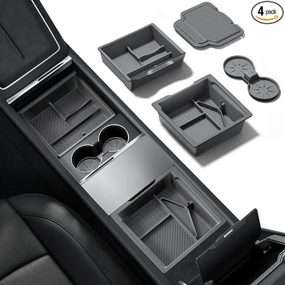 REEVAA Center Console Organizer for Tesla Model Y Juniper 2025-2026 (Premium & Performance), Model 3 Highland 2024-2026 All Trims [Dual-Tier Storage, Seamless Fit], Premium Silicone Liner, 4PCS, Grey