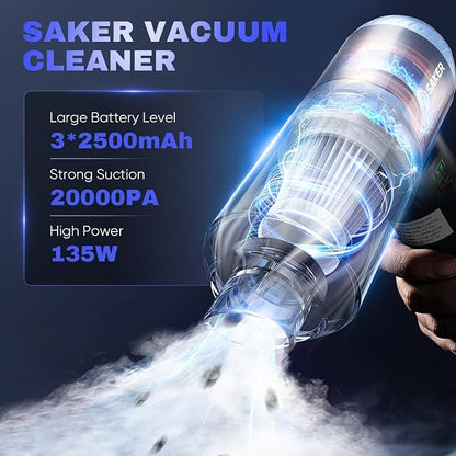 Saker Car Vacuum Portable Cordless 20000Pa Suction Power 4 in 1 Handheld Vacuum with LED Light Type-C Portable Mini Vacuums for Gifts Car, Home, Office, Pet HL157 Blue