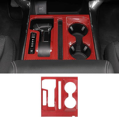 Jimen Compatible with 2021-2024 Ford F150 Center Console Gear Shift & Cup Holder Panel Trim Cover (Red Carbon Fiber)