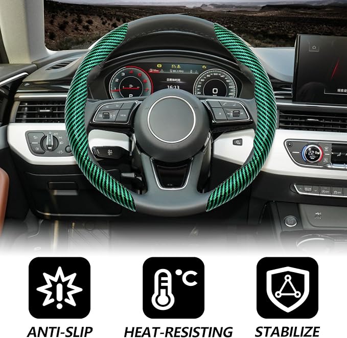 2pcs Universal Fit Carbon Fiber Steering Wheel Cover, Anti-Skid Steering Wheel Cover/Segmented Steering Wheel Protector/Car Interior Accessories (Bright Green)
