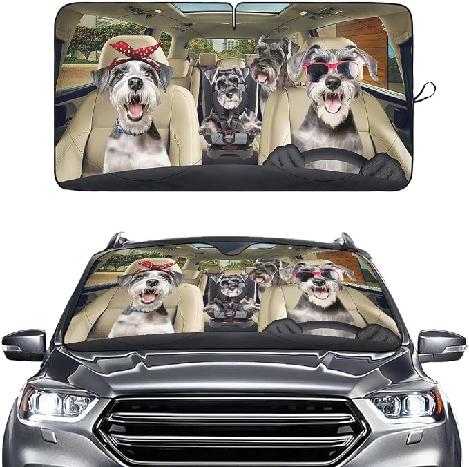 GENANY Cute Schnauzer Dog Family Funny Windshield Sun Shade for Car SUV Truck (64x32 Inches), Automobile Sunshade, Protector Blocks UV, Car Accessories, Auto Decor