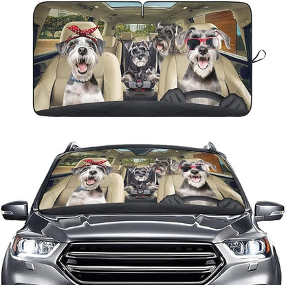 GENANY Cute Schnauzer Dog Family Funny Windshield Sun Shade for Car SUV Truck (64x32 Inches), Automobile Sunshade, Protector Blocks UV, Car Accessories, Auto Decor