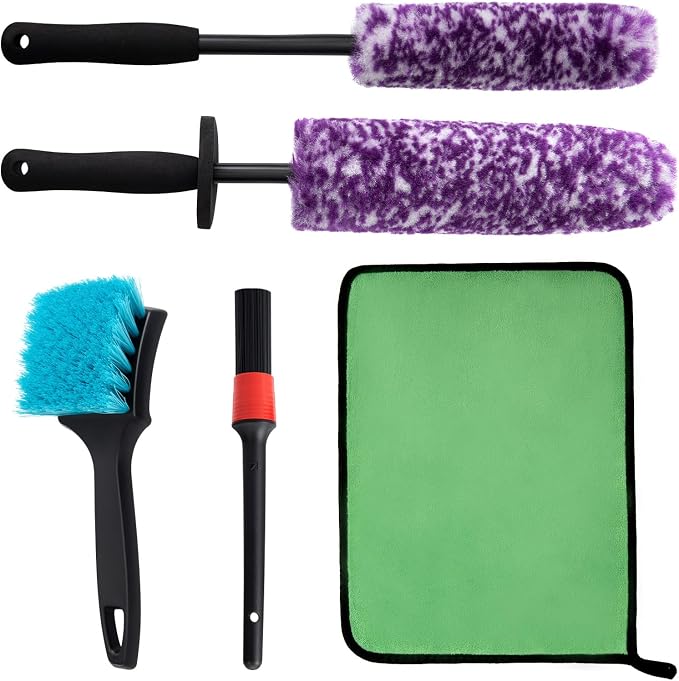 5 Pack Car Wheel and Tire Cleaner Brushes Kit Auto Motorcycle Rim Ultra Soft Microfiber No Spatter Bendable Woolies Bristle Cleaning Set (Purple & White)
