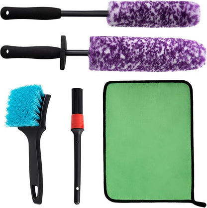 5 Pack Car Wheel and Tire Cleaner Brushes Kit Auto Motorcycle Rim Ultra Soft Microfiber No Spatter Bendable Woolies Bristle Cleaning Set (Purple & White)