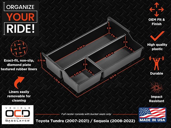 Vehicle OCD - Center Console Organizer Tray for Toyota Tundra (2007-2021) / Toyota Sequoia (2008-2022) - Made in USA - SLX125